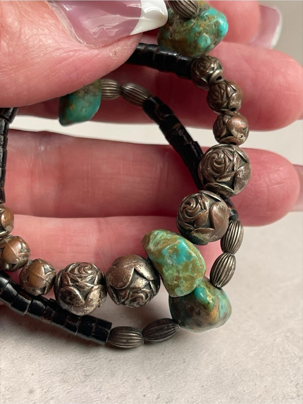 Sterling Silver Turquoise Nugget Rose Bead Choker Necklace